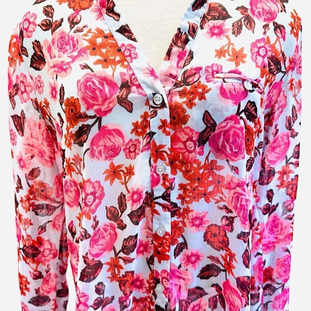 KUT from the Kloth Women Long Sleeve Button Down Pink Floral Sheer Roll Tab Sz M - Picture 3 of 12